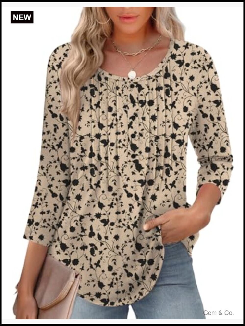 3/4 Sleeve Pleated Tunic Tops Casual Summer Tees Blouses Crew Neck Loose Fit - Picture 2 of 7